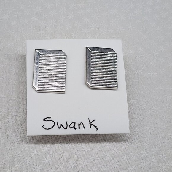 Vintage Swank Rectangular Silver-Tone Ribbed Cufflinks For Men - Picture 1 of 3